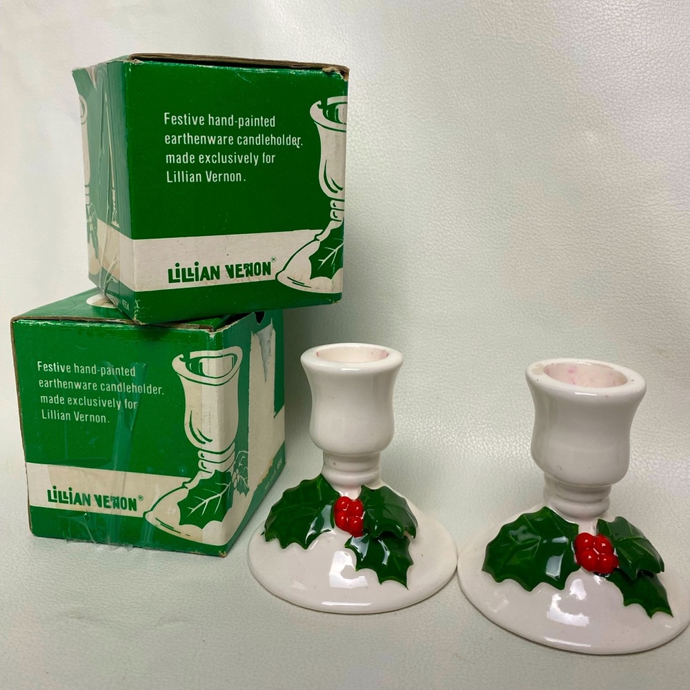 Vintage Lillian Vernon Holly Berry Ceramic Candlestick Holders Original Boxes